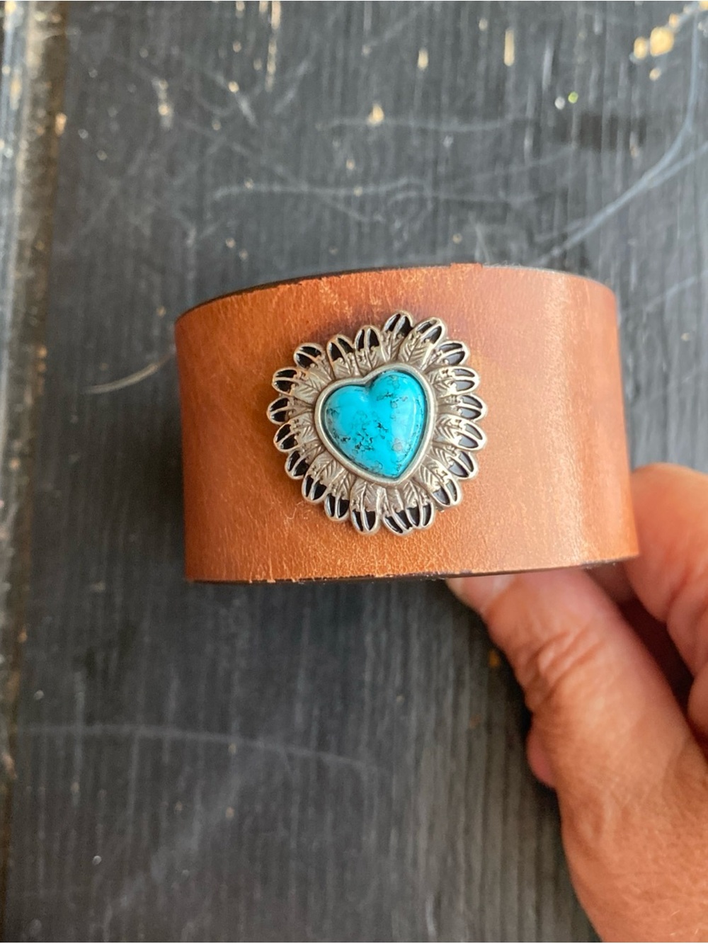 Fossil Brown Leather Cuff Bracelet with Turquoise Heart Concho